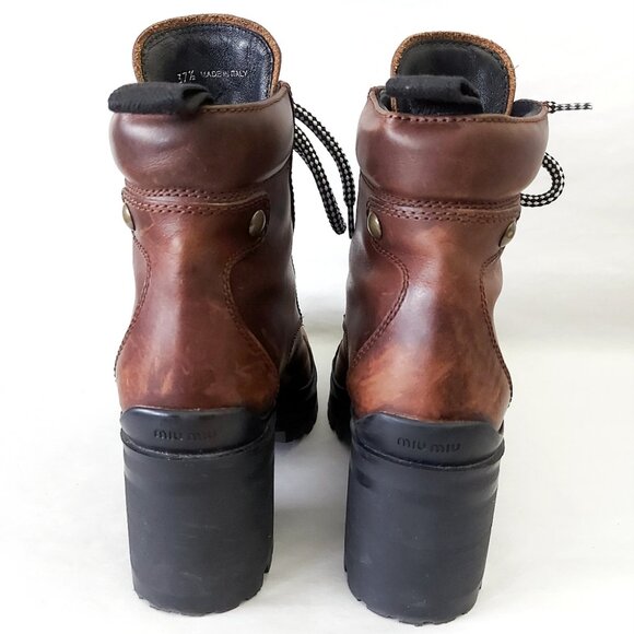 Miu Miu Lace-up Boots EU 37.5 Distressed Leather Block Chunky Heels Alpine Comba - Picture 9 of 15